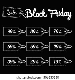 Black Friday design sales tag, discount, advertising, marketing price. White lines label for clothes, furnishings, cars, food sale. Set 3. Vector illustration.
