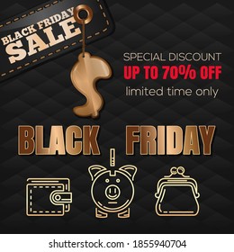 Black Friday design. Special discount. Limited time only. Price tag, dollar symbol sign and gold lettering on a black background. Vector illustration