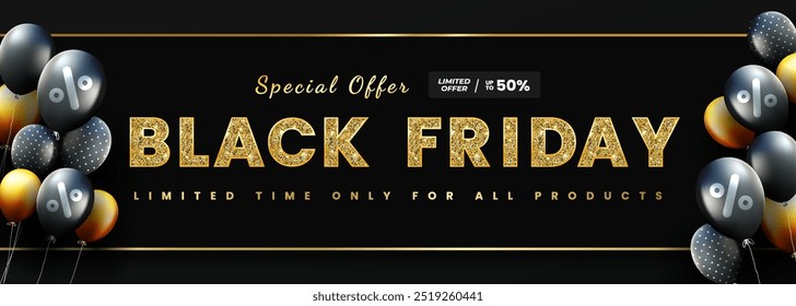 Black Friday designs for banners, flyers, and leaflets featuring shimmering glitter