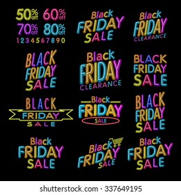 Black Friday Designs NEON | Retro Style Elements | Vintage Ornaments | Sale, Clearance | Vector Set | Black Friday retro light frame. ART