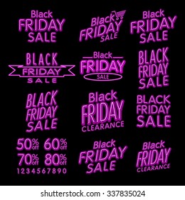 Black Friday Designs NEON. Retro Style Elements. Vintage Ornaments. Sale. Clearance. Vector Set. Black Friday retro light frame. ART