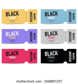 Black Friday detachable ticket set in different colours: yellow, blue, purple, grey, pink and black. Tear-off discount coupon and promo flyer vector illustration.