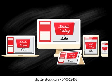 Black Friday Digital Device Electronic Sale Responsive Design Laptop Phone Tablet Desktop Device Screen Size Flat Vector Illustration