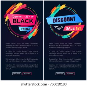 Black Friday, discount -25% off, new offer, banners collection with strokes and badges consisting of circles, ribbons and lines vector illustration