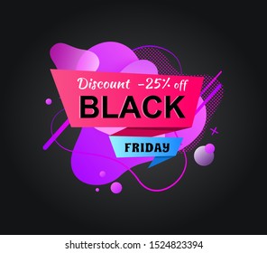 Black Friday, discount 25 percents off, purple abstract liquid shape, sale advertising, store decoration in flat design style, retail ad, promotion vector. Sticker for black friday sale