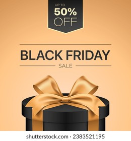 Black Friday discount card vector design, with luxury style black round gift box wrapped with golden ribbon.