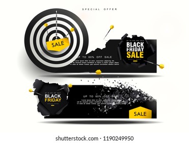 Black Friday discount coupon. Blast wave with flying particles. Explosive coupon sale. Big Sale, darts.
