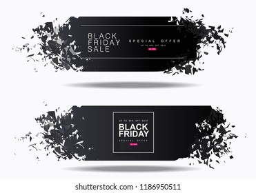 Black Friday discount coupon. Hole in black paper on white background. Blast wave with flying fragments. Big Sale