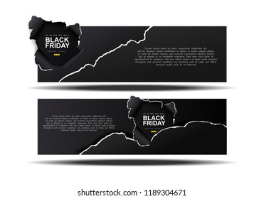 Black Friday discount coupon. Hole in black paper on black background. Big Sale