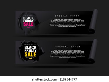 Black Friday discount coupon. Hole in black paper on black background. Big Sale