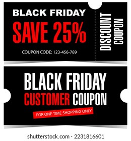 Black Friday discount coupon. Vector discount voucher, certificate, coupon, talon or flyer for shopping to save 25 percent of price. Ready to print illustration in black, white and red colours.