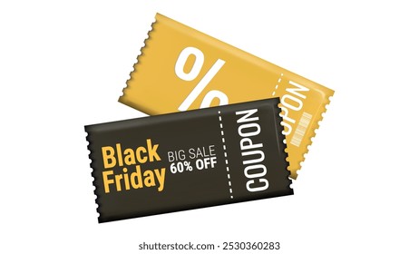 Black Friday Discount Coupons voucher in 3d. Gift coupon. Online store design promotion marketing. Isolated element. Vector illustration.