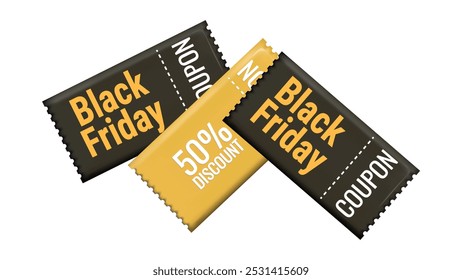 Black Friday Discount Coupons voucher in 3d. Gift coupon. Online store design promotion marketing. Isolated element. Vector illustration.