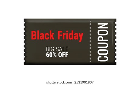 Black Friday Discount Coupons voucher in 3d. From 60 percent. Online store design promotion marketing. Isolated element. Vector illustration.