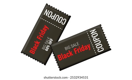 Black Friday Discount Coupons voucher in 3d. Gift coupon. Online store design promotion marketing. Isolated element. Vector illustration.