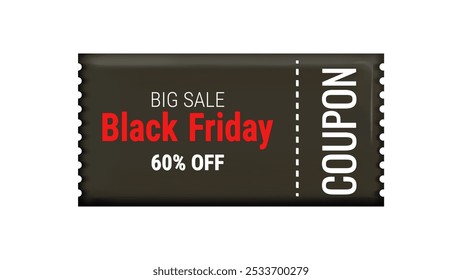 Black Friday Discount Coupons voucher in 3d. Big Sale From 50 percent. Online store design promotion marketing. Isolated element. Vector illustration.