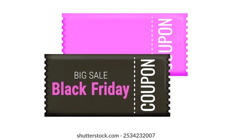 Black Friday Discount Coupons voucher in 3d. Gift coupon. Online store design promotion marketing. Isolated element. Vector illustration.