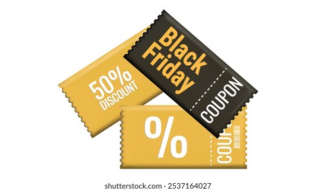 Black Friday Discount Coupons voucher in 3d. Gift coupon. Online store design promotion marketing. Isolated element. Vector illustration.