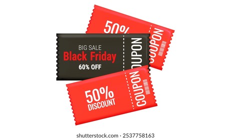 Black Friday Discount Coupons voucher in 3d. Gift coupon. Online store design promotion marketing. Isolated element. Vector illustration.