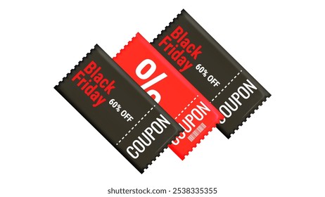 Black Friday Discount Coupons voucher in 3d. Gift coupon. Online store design promotion marketing. Isolated element. Vector illustration.