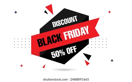 Black Friday discount! Enjoy 50% off with our sleek banner template featuring a white background and striking black and red shapes