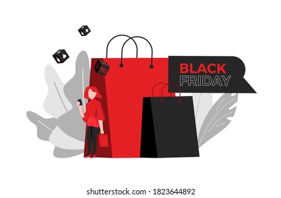 Evento de descuento de viernes negro. Personaje plano con bolsa de compras. Grandes descuentos, conceptos de promoción, afiches publicitarios, carteles. Ilustración del vector