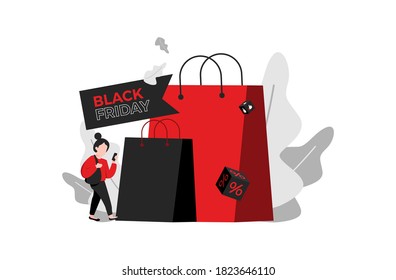 Black Friday Discount Event. Flat Person Character with Shopping Bag. Big Discounts, Promo Concepts, Advertising Posters, Banners. Vector illustration