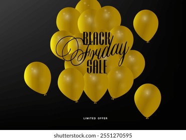 Schwarzer Freitag. Rabattflieger. Kreative Rabattvorlage mit gelben Ballons und Black Friday Schriftzug. Black Friday Rabattflieger. Vektorgrafik