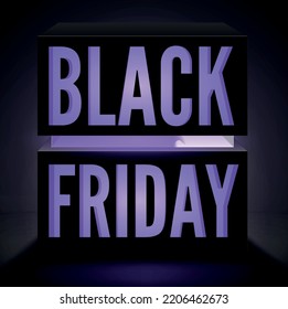 El descuento del viernes negro ofrece banner vector cuadrado. La mayor venta del año, el tradicional evento de compras. Caja de neón violeta con barra de progreso líquido para diseño de afiches de limpieza estacional con luz trasera