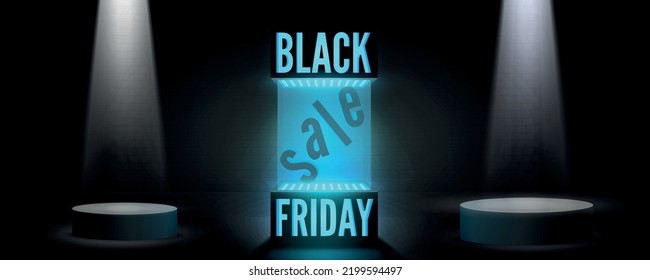 Black friday discount offer wide vector banner template. Year biggest sale, traditional shopping event. Modern neon light box with podium spotlights for seasonal clearance promotional poster design