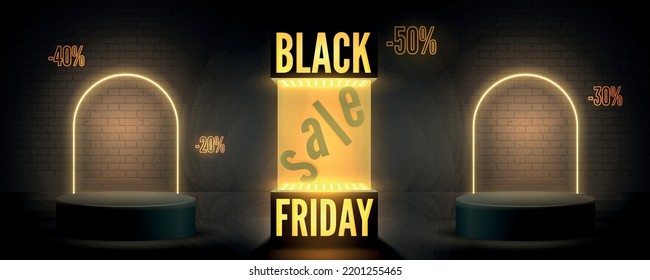 Black friday discount offer wide vector banner template. Year biggest sale, traditional shopping event. Modern neon light box with podium neon arcs and discounts for seasonal clearance poster design