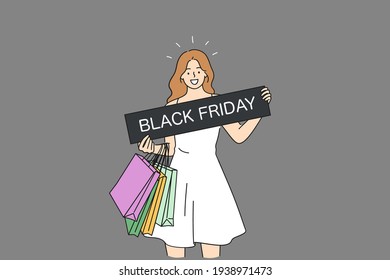 Black Friday, discount, sales concept. Happy positive young woman cartoon character screaming holding black friday sign in hands and various colorful shopping bags isolated vector illustration 