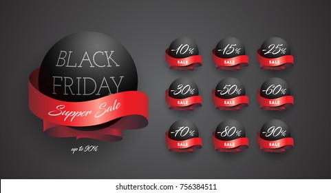 Black Friday discount set with different percentage amount, ten fifteen, twenty five, thirty, fifty, sixty, seventy, eighty, ninety, on black background with red ribbon around