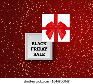 Black friday discount symbol with open gift. Open white empty gift box with red ribbon and bow. Design element. Stock vector illustration on isolated background.