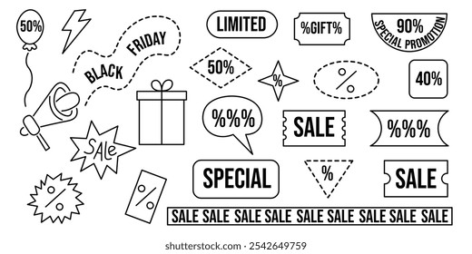 black friday discount vector objects set in line doodle style. Elements for decor banner label icons stickers