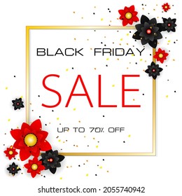 Black Friday. Discount web banner with black and red flowers in paper style on white background. Elegant vector template.