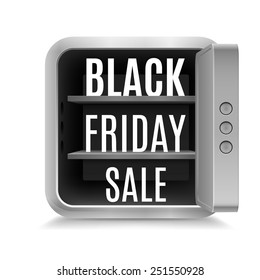 Black Friday discounts in open safe on white background