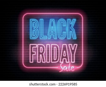 Black Friday discounts realistic pink blue vector banner template. Stylish Sale advert neon light and inscription on dark background. Seasonal clearance, luxury store special price offer poster design