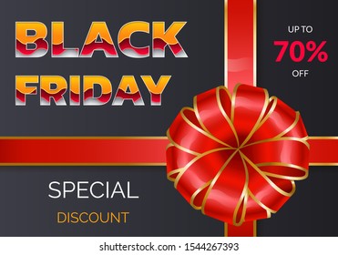 Black friday discounts and sale for autumn event. 70 percent off price, buy now. Promotional poster with decorative ribbon bow. Reduction of cost for shoppers in all shops and stores, vector on black