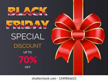 Black friday discounts and sale for autumn event. 70 percent off price, buy now. Promotional poster with decorative ribbon bow. Reduction of cost for shoppers in all shops and stores, vector on black