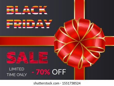 Black friday discounts and sale for autumn event. 70 percent off price, buy now. Promotional poster with decorative ribbon bow. Reduction of cost for shoppers in all shops and stores, vector on black