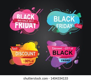 Black Friday discounts vector, banners with sales isolated stickers with abstract design and stripes, sales and selling of product, wholesale and retail