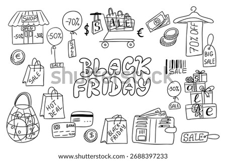 Black friday doodle vector with shopping bags, sale tags and discount symbols. Represents retail, commerce and consumerism concept