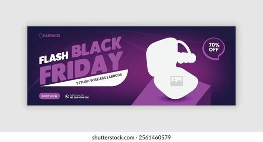 Black Friday Earbuds Super Sale social media cover banner template and EarPods web banner design
