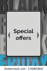 La electrónica del Viernes Negro ofrece una plantilla de banner vector realista. Comprimido moderno 3d se burla. Dispositivo portátil con pantalla en blanco. Diseño de afiches publicitarios con descuentos por gadget con tipografía