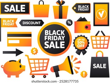 Black Friday elements collection. Sale signs, discount tags, shopping cart, piggy bank, credit card, wallet, megaphone, gift box, price tags, and shopping bags. White background.