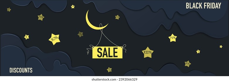 Black Friday. Evening sale, discounts. Evening sky. Clouds, crescent moon with stars. Cartoon paper cut out 