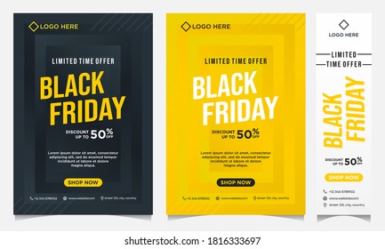 Black Friday Event-Banner, Hintergrund, Social Media und Flyer-Vorlage in einem Stapel schwarzer Farbverlauf-Farbe und gelbem Farbverlauf-Farbverlauf