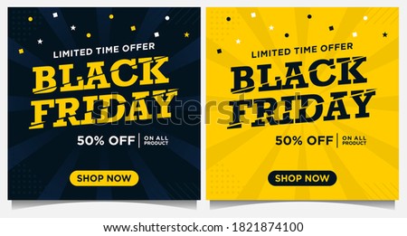 Black Friday event banners, social media post and background template in yellow and black color with dot and star ornament