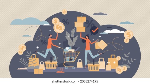 Black friday event with big discounts and price offers tiny person concept. Sale marketing with special season promo and campaign for products vector illustration. November pop up shopping chaos.